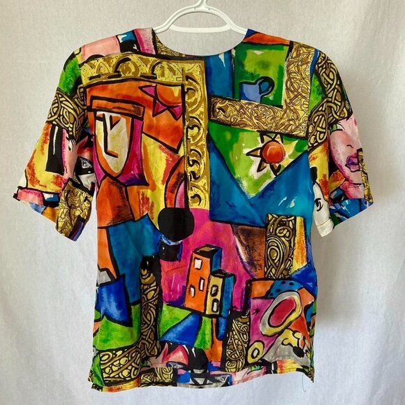 Pat Argenti 80s Colourful Silk Blouse (S) - Picture 3 of 4